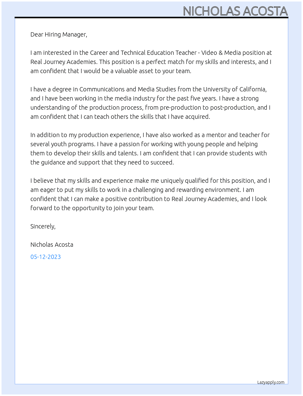 Career and Technical Education Teacher - Video & Media At Real Journey Academies  Cover Letter