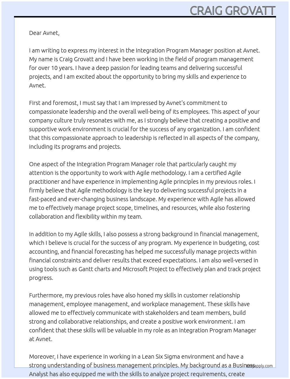 Integration Program Manager At Avnet Cover Letter