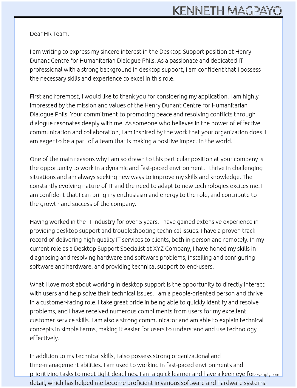 desktop support At Henry Dunant Centre for Humanitarian Dialogue Phils. Cover Letter