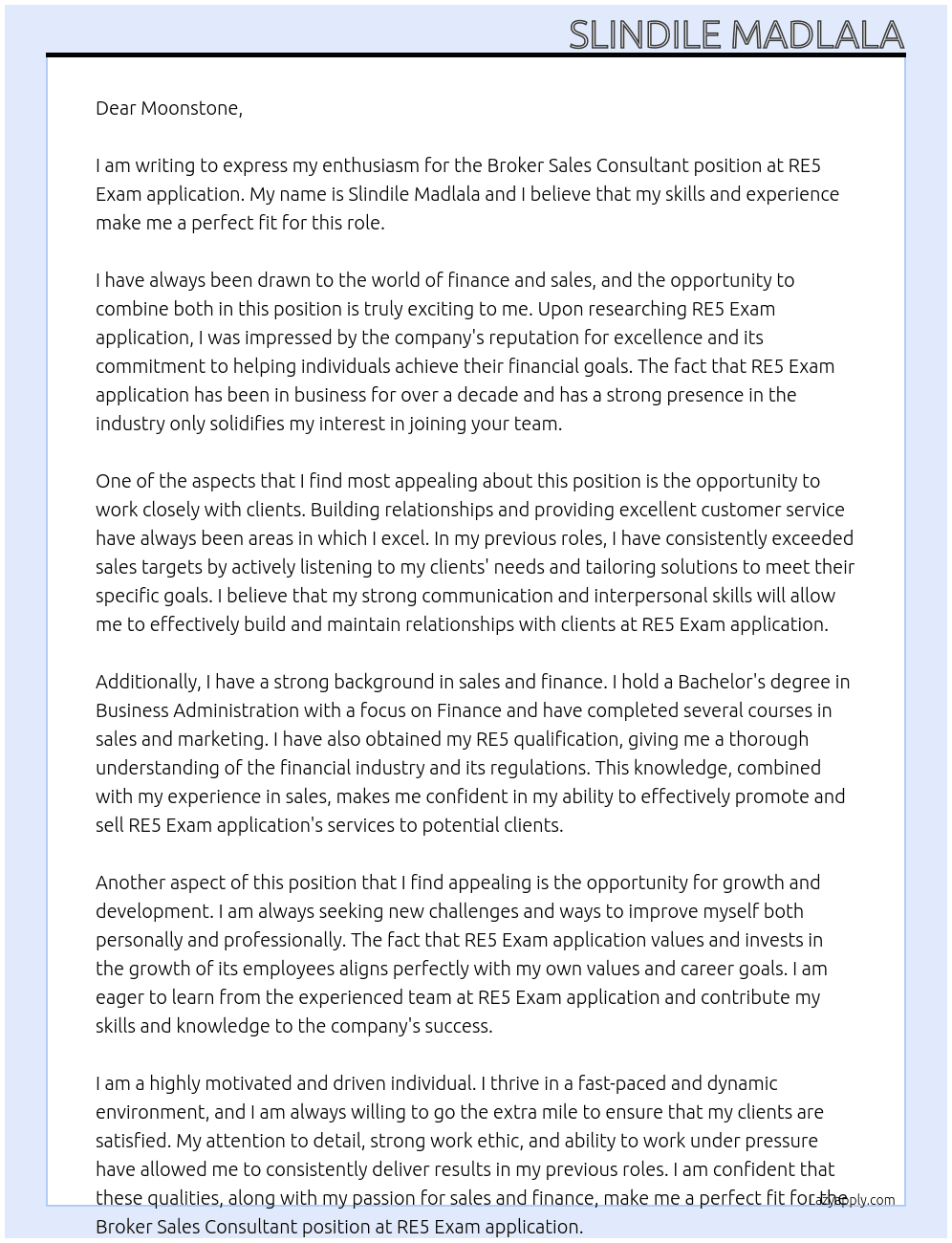 Broker Sales Consultant At RE5 Exam application  Cover Letter