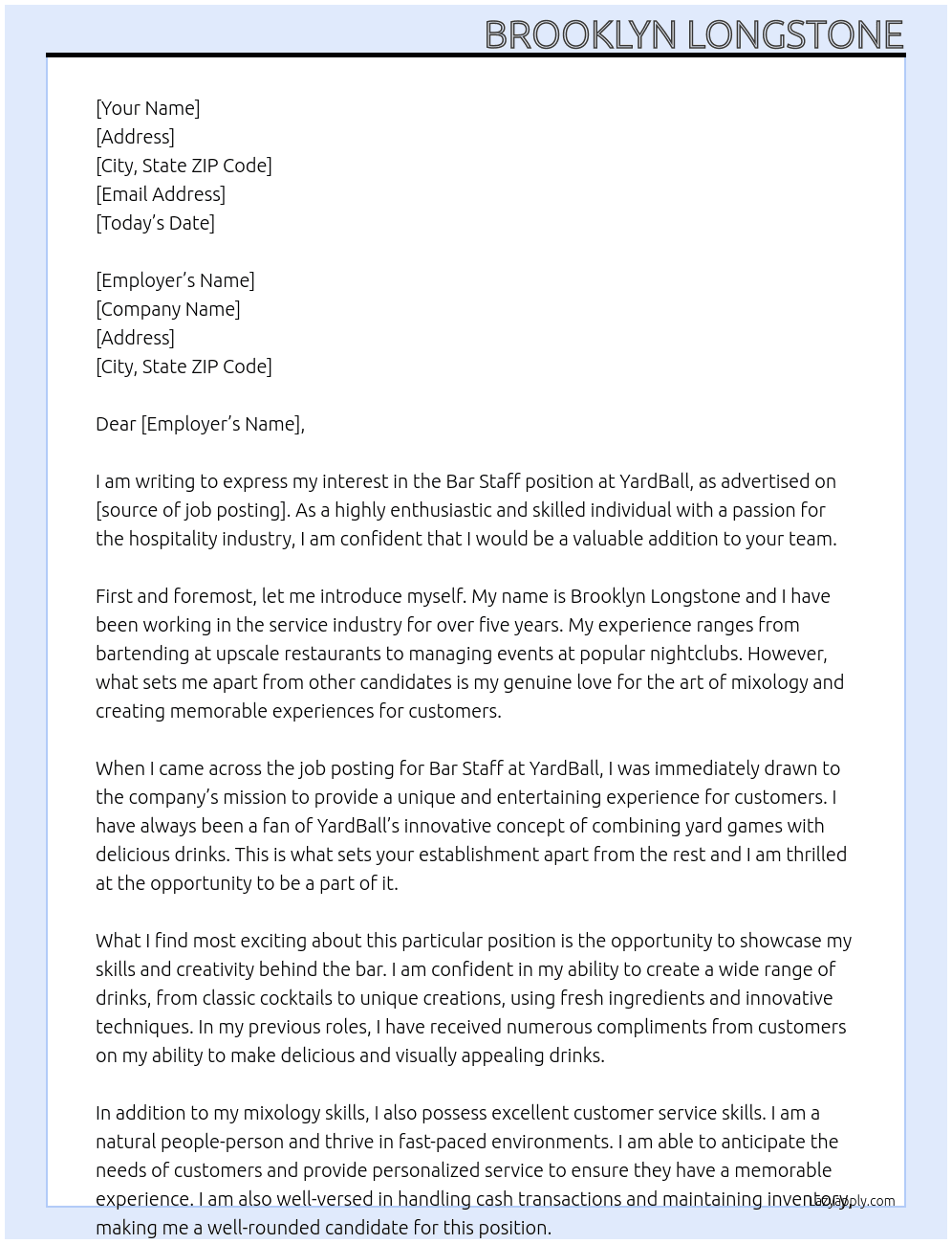 Bar Staff At YardBall Cover Letter