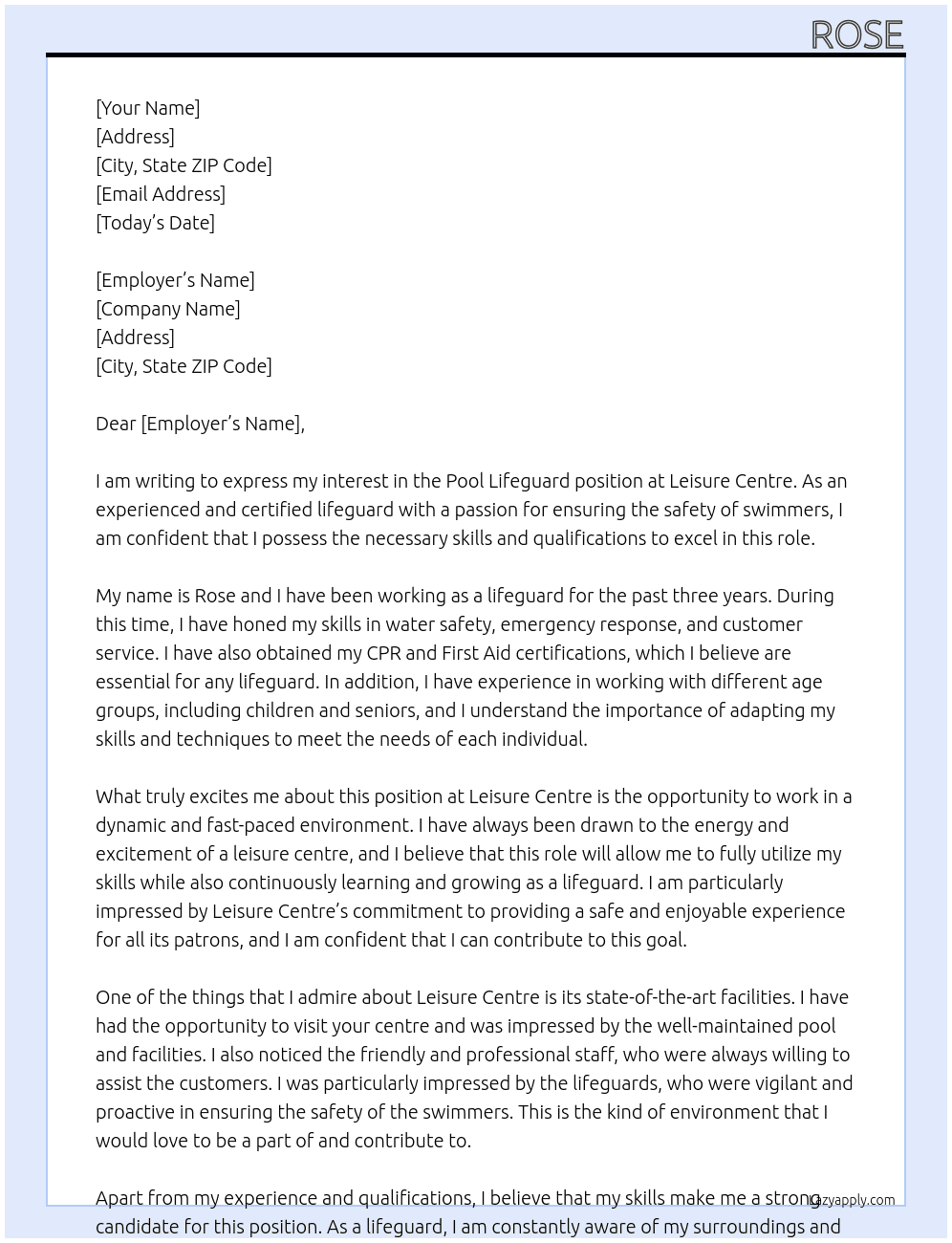 Pool lifeguard  At Leisure centre  Cover Letter