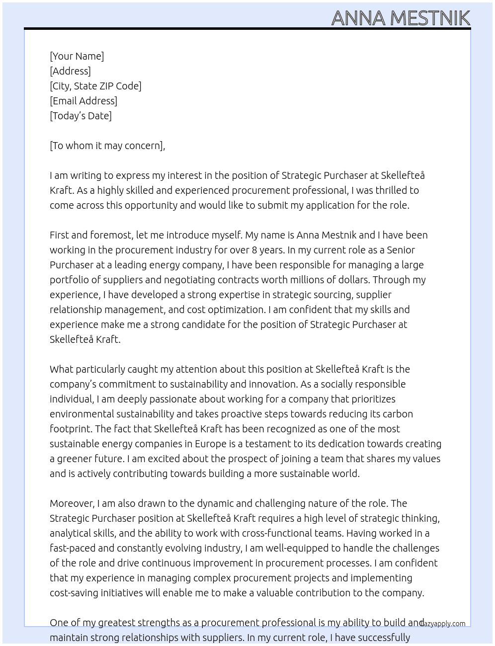 strategic purchaser At Skellefteå Kraft Cover Letter