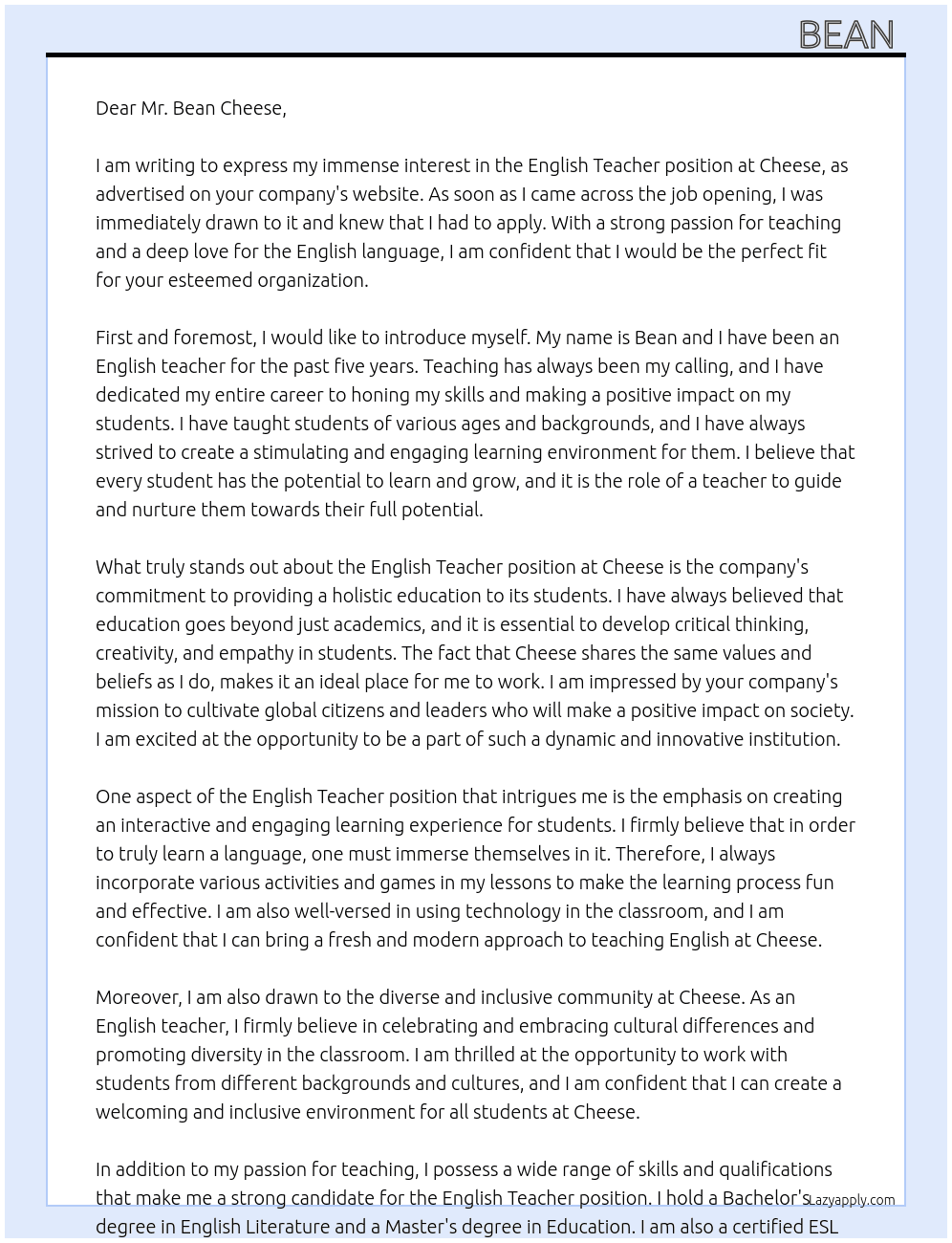English Teacher At Cheese  Cover Letter