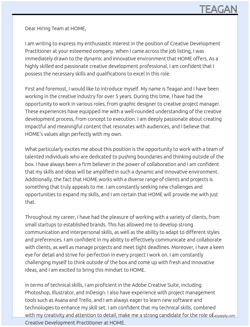 Creative Development Practitioner  At HOME Cover Letter