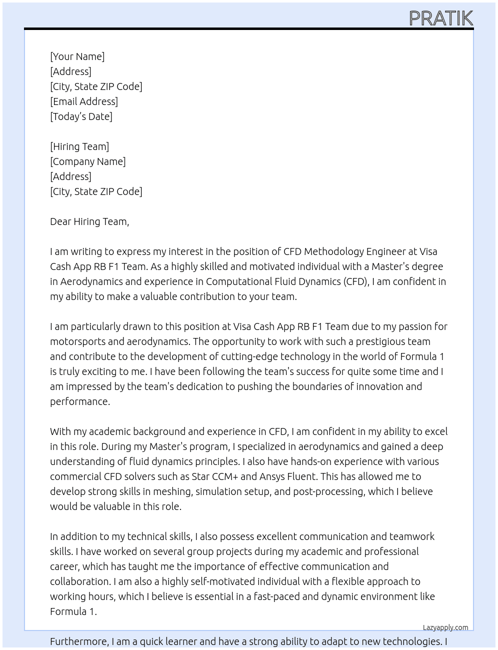 CFD Methodology Engineer At Visa Cash App RB F1 Team Cover Letter