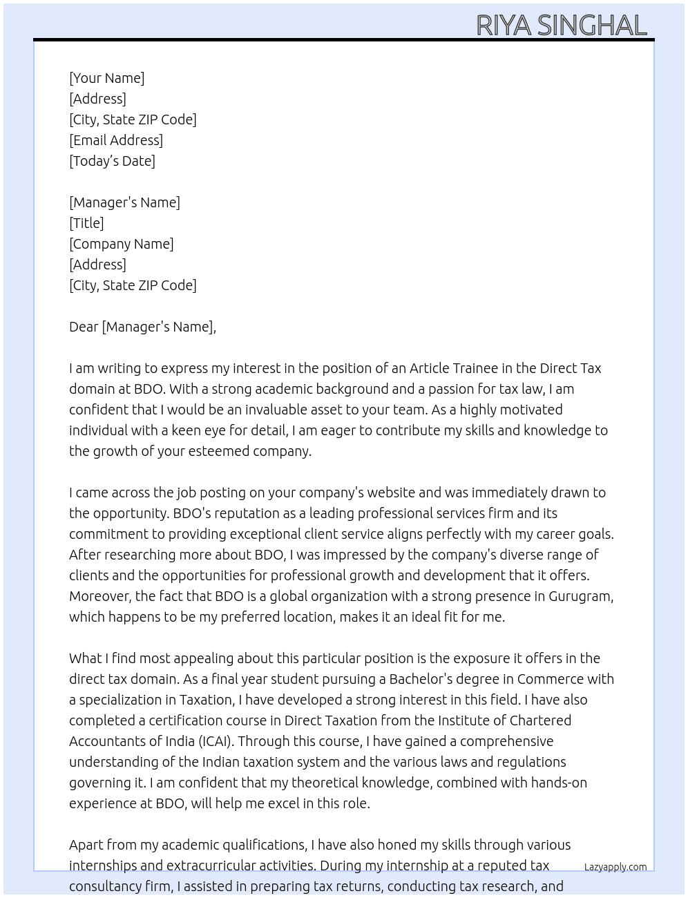 Cover letter for article trainee in direct tax domain - LazyApply