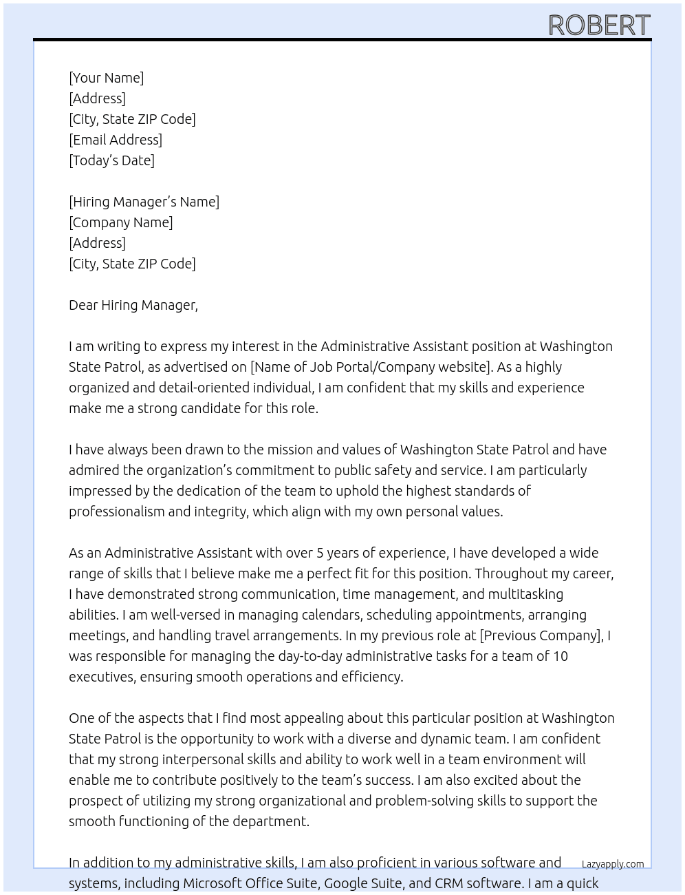 Administrative Assistant At Washington State Patrol Cover Letter