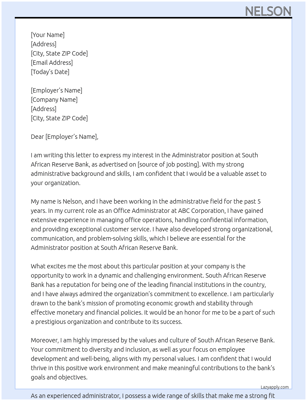 Administrator At south African reserve bank Cover Letter