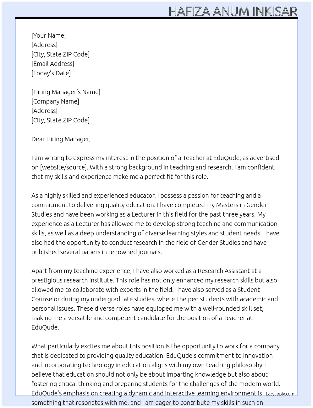 teacher At EduQude Cover Letter