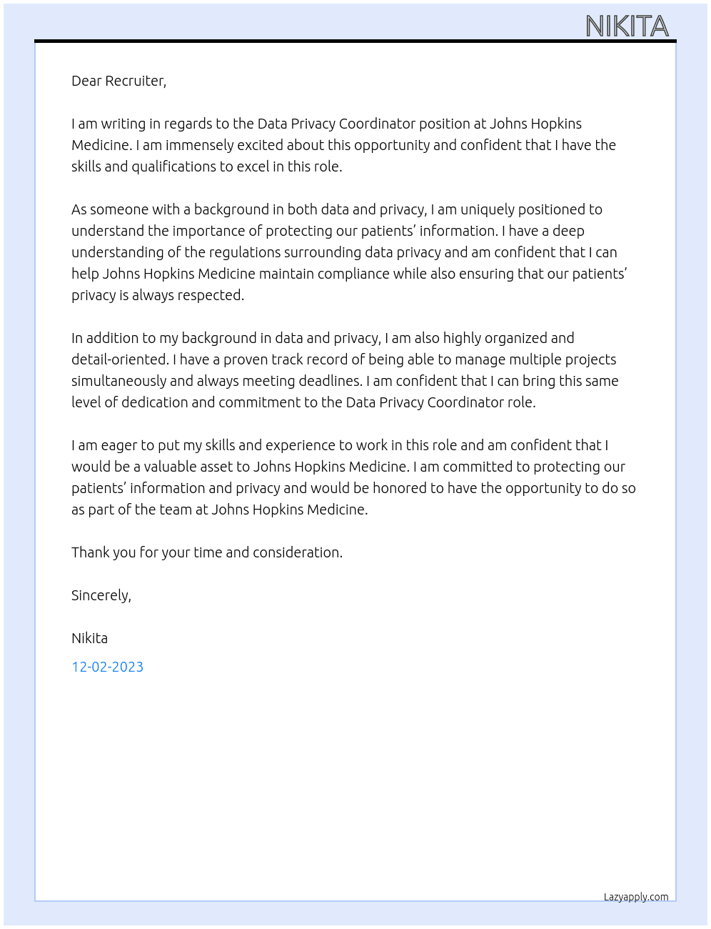 Data Privacy Coordinator At Johns Hopkins Medicine Cover Letter