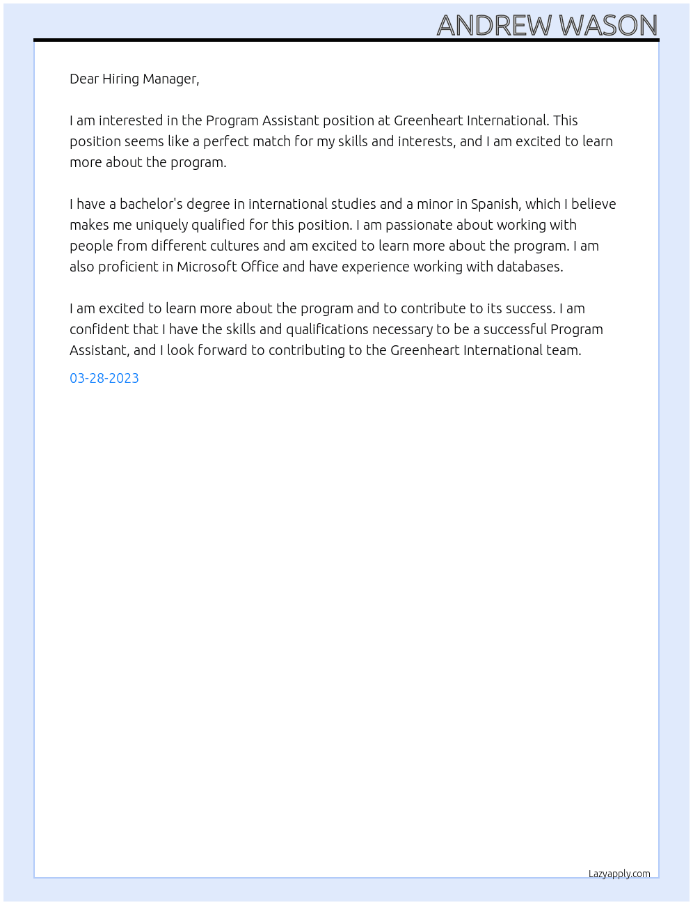 Program Assistant At Greenheart International Cover Letter