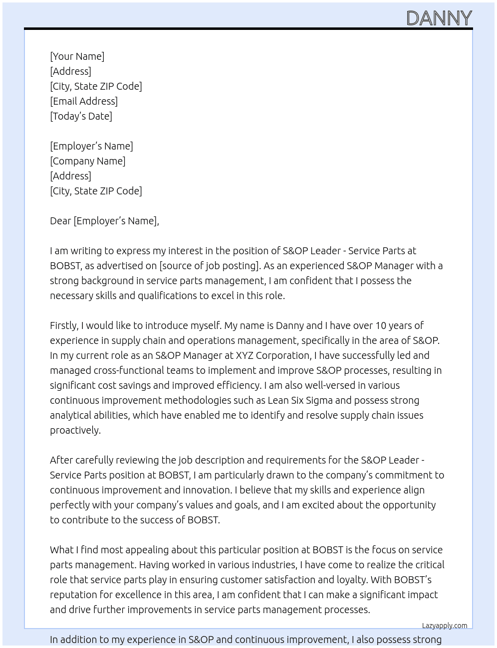 S&OP Leader - Service Parts At BOBST Cover Letter