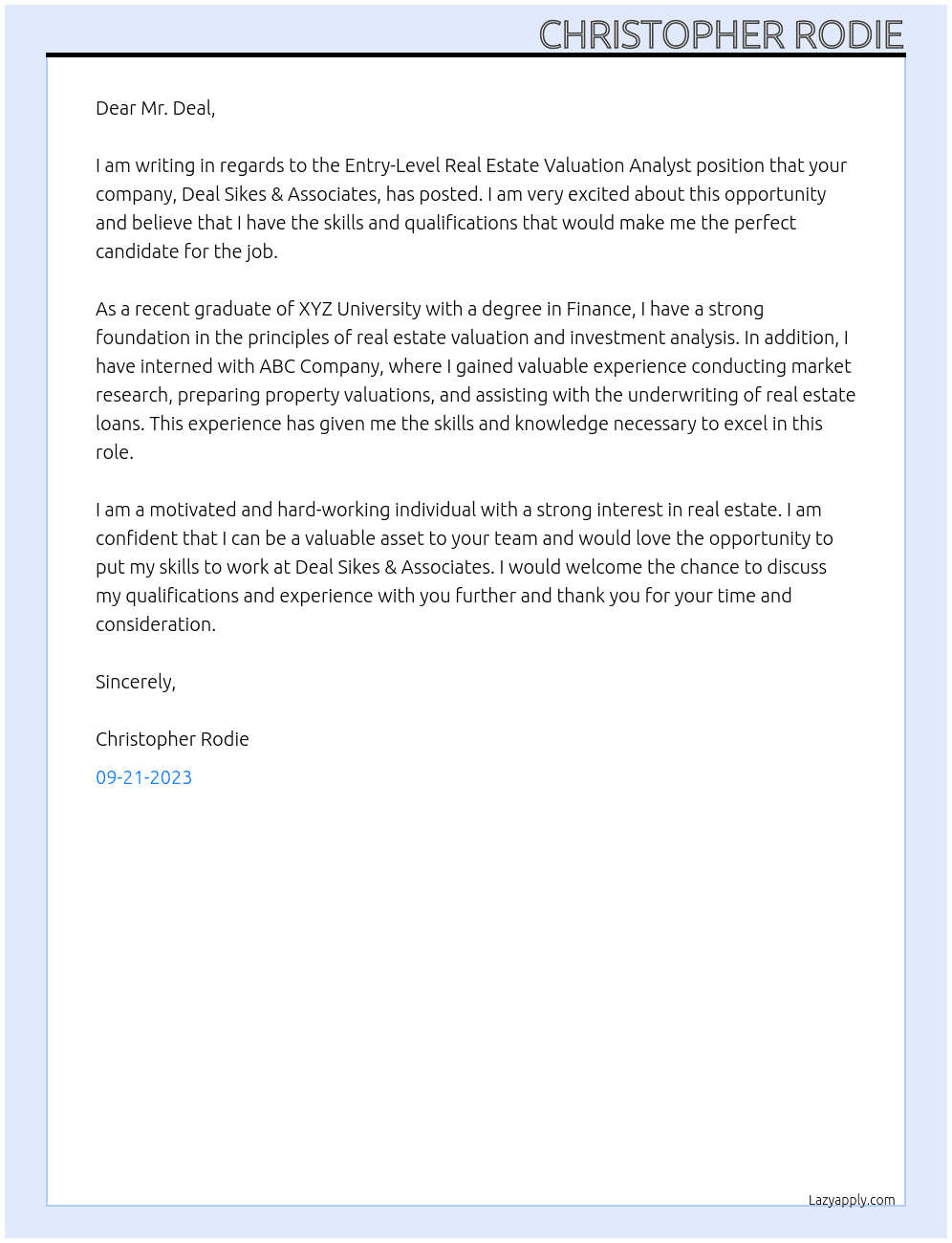 Entry-Level Real Estate Valuation Analyst At Deal Sikes & Associates Cover Letter