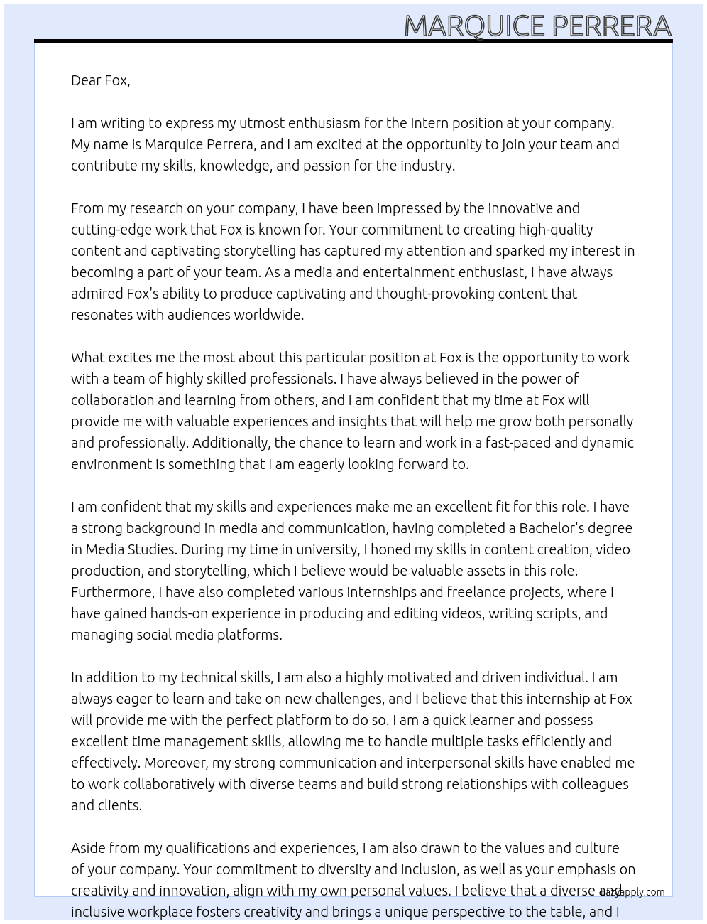 Intern  At Fox Cover Letter