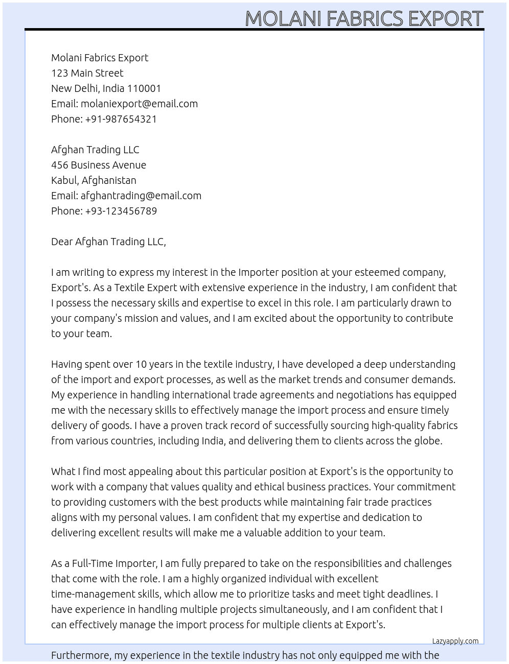 Importe  At Export's Cover Letter