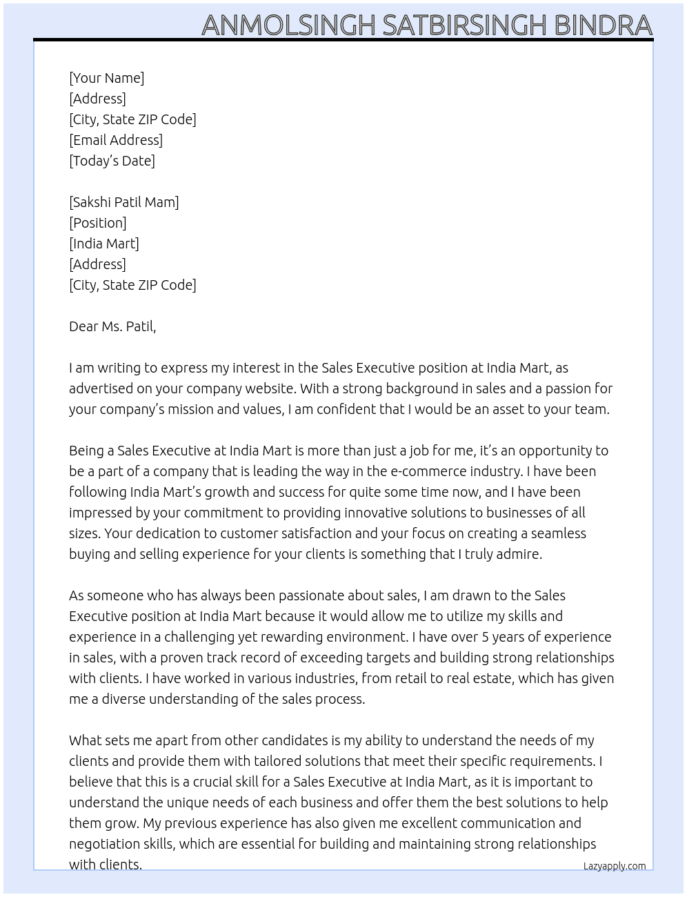 Sales Executive At India Mart Cover Letter