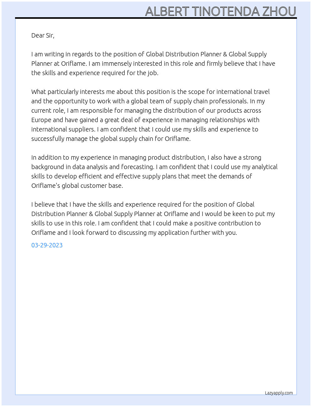 Global Distribution Planner & Global Supply Planner At Oriflame Cover Letter