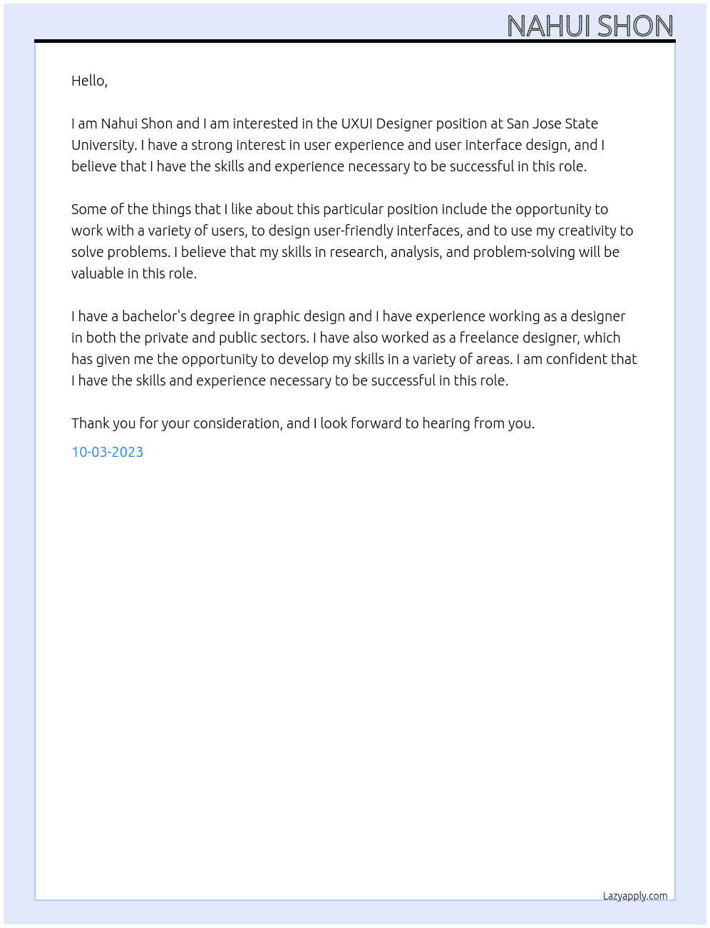 UXUI DESIGNER At San Jose State University Cover Letter