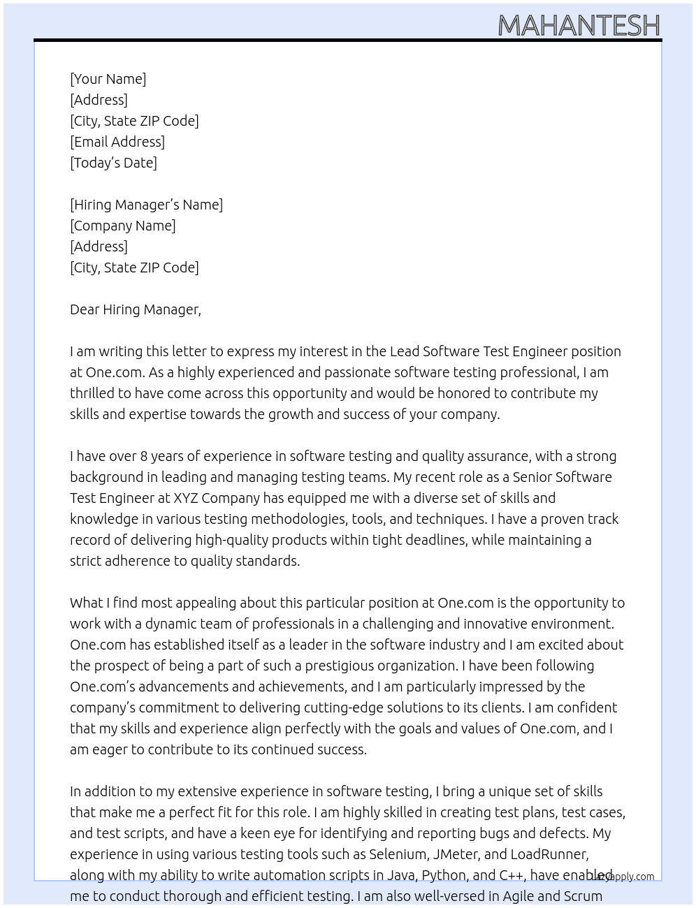 Lead Software Test Engineer At One.com Cover Letter