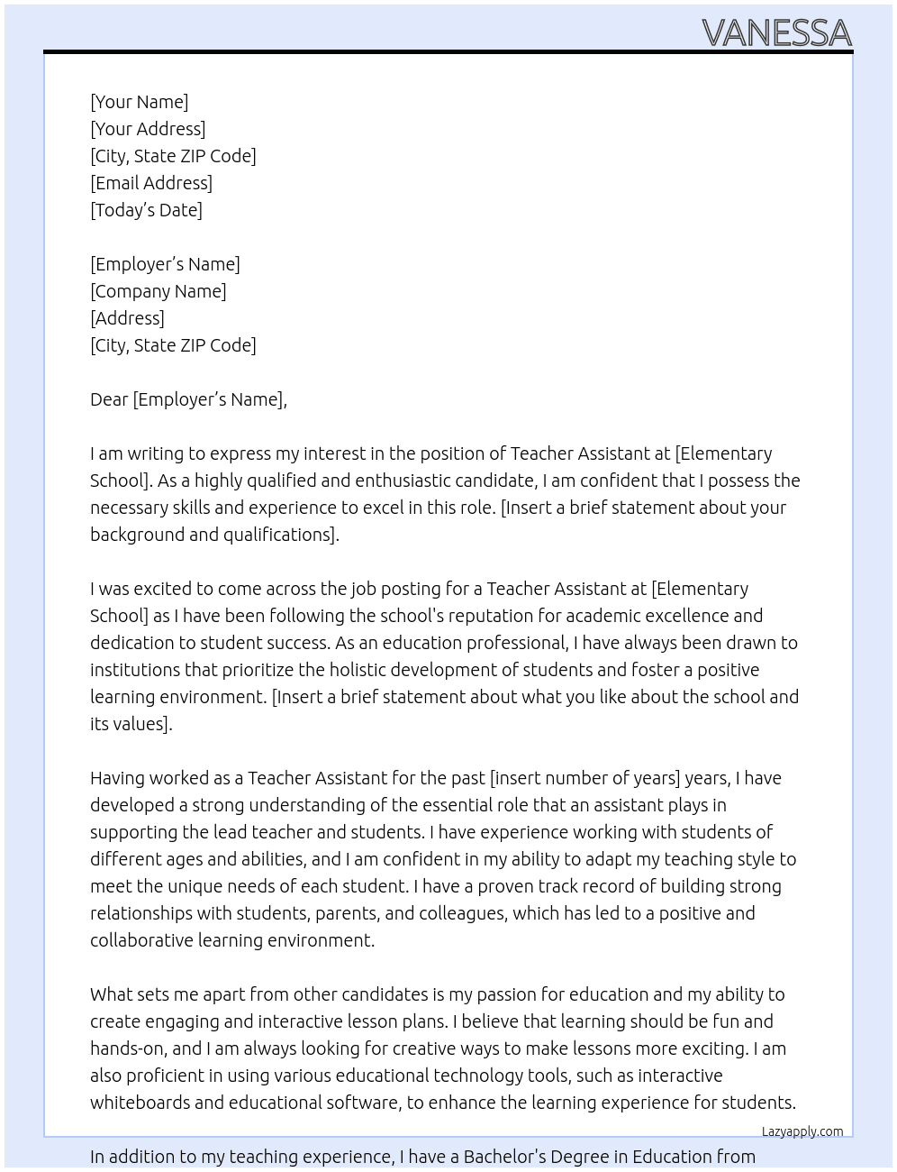 teacher assistant At elementary school Cover Letter