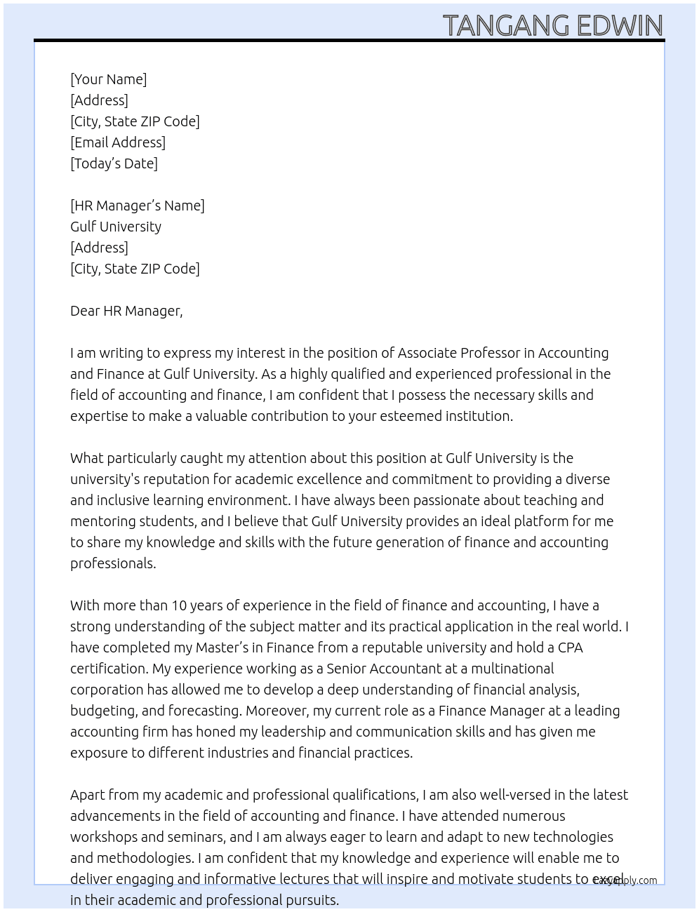 Associate Professor Accounting and Finance At Gulf University Cover Letter