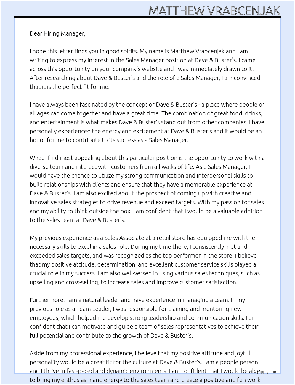 Sales Manager At Dave & Buster's Cover Letter