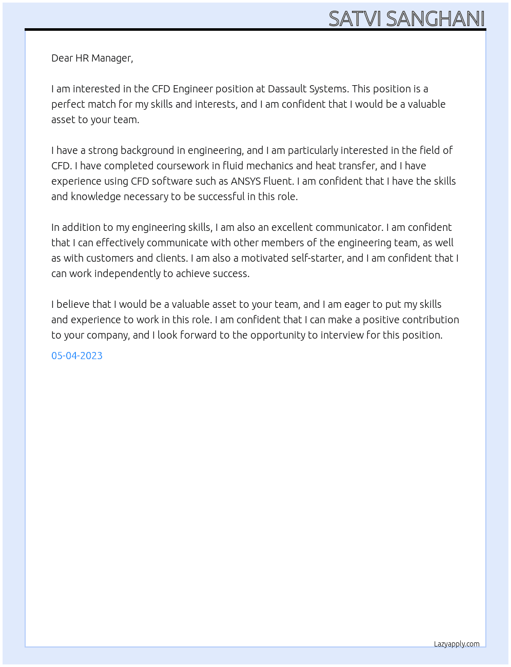 CFD Engineer At Dassault Systems Cover Letter