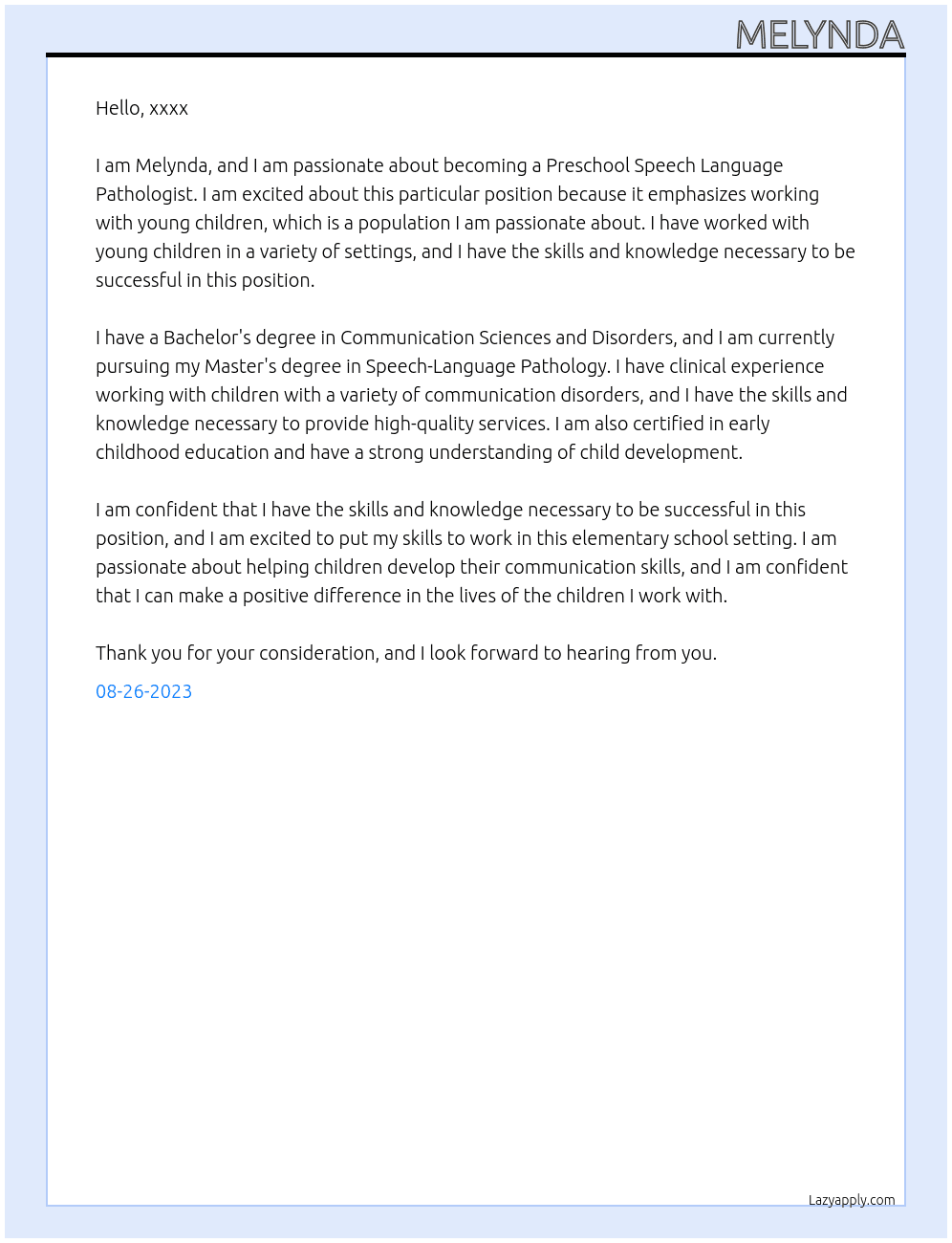 Preschool Speech Language Pathologist At elementary Cover Letter