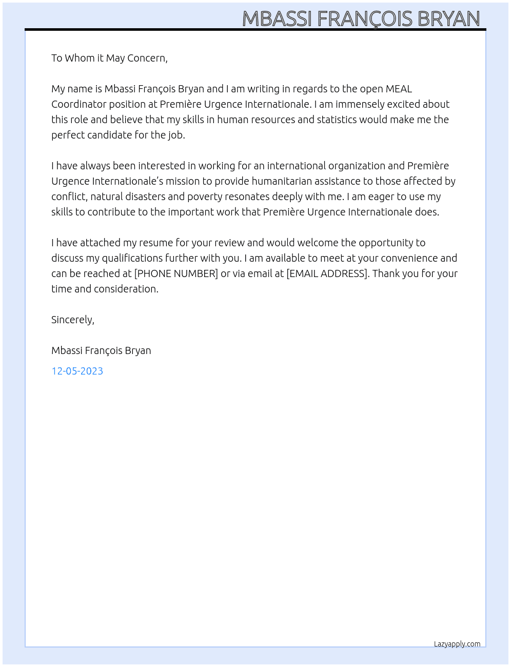 MEAL Coordinator At Première Urgence Internationale  Cover Letter