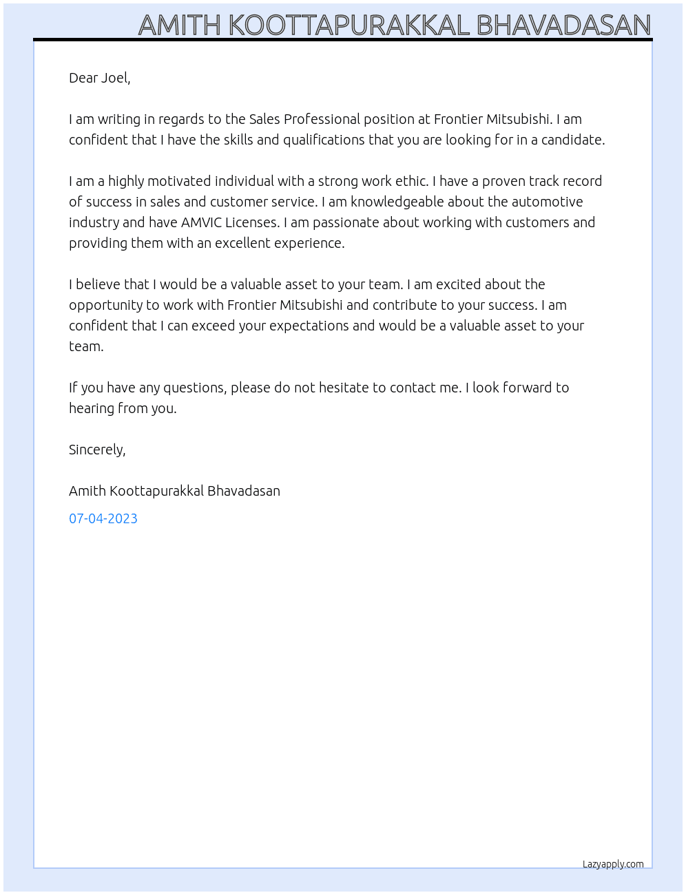 Sales Professional At Frontier Mitsubishi Cover Letter