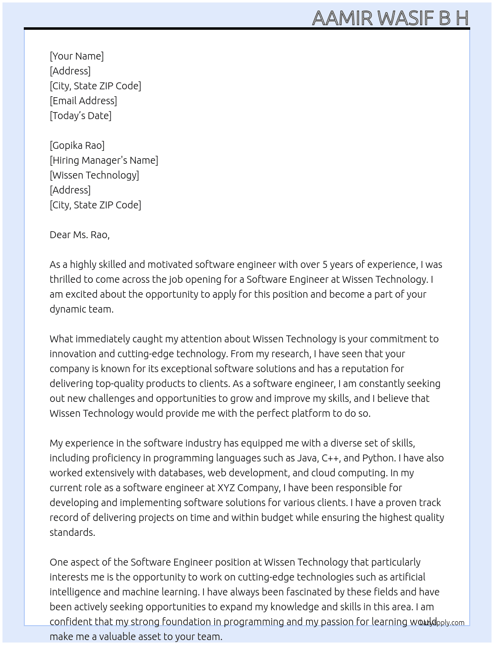 Software Engineer At Wissen Technology Cover Letter