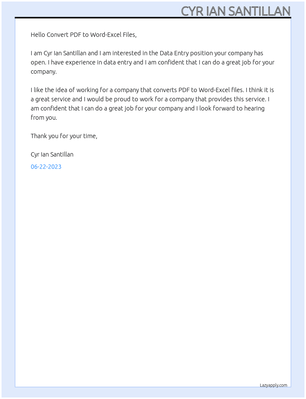 Data Entry At Convert PDF to Word-Excel Files Cover Letter