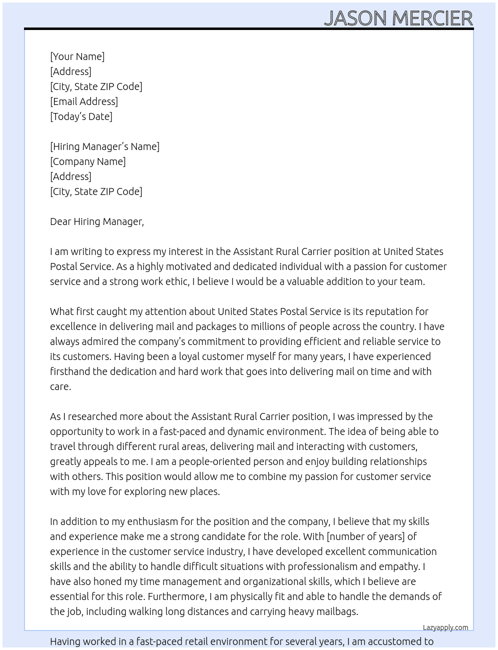 Assistant Rural Carrier At United States Postal Service Cover Letter
