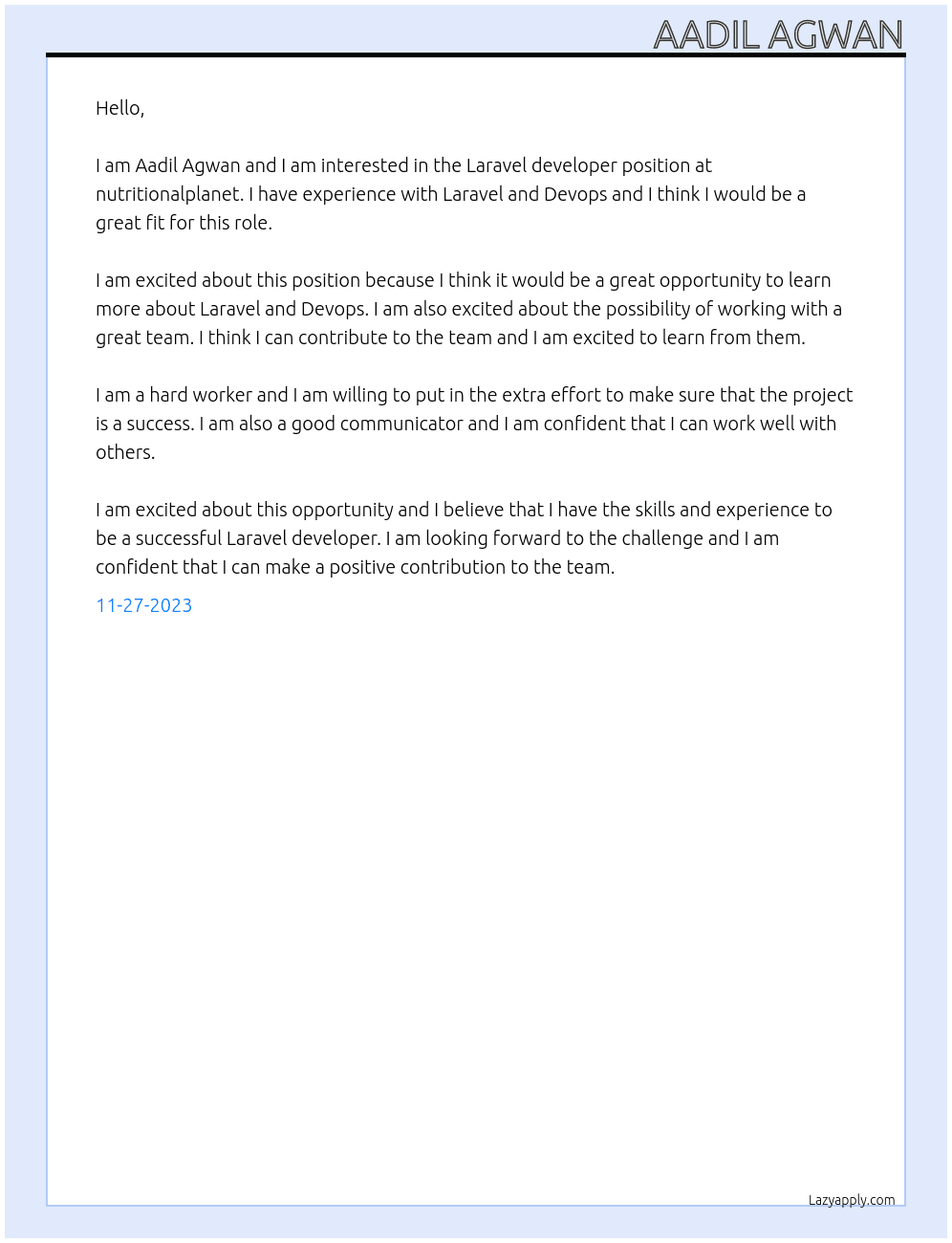 Laravel developer At nutritionalplanet Cover Letter