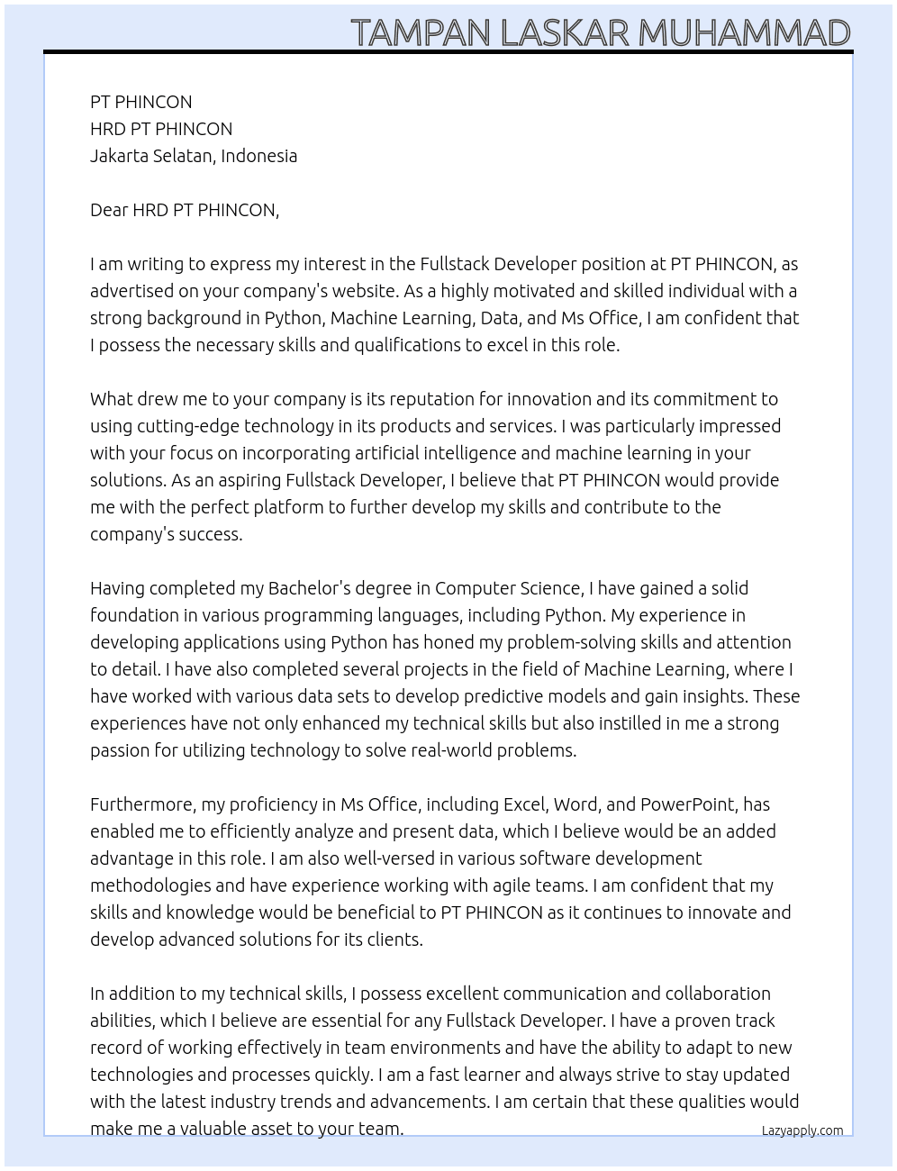 Fullstack Developer At PT PHINCON Cover Letter