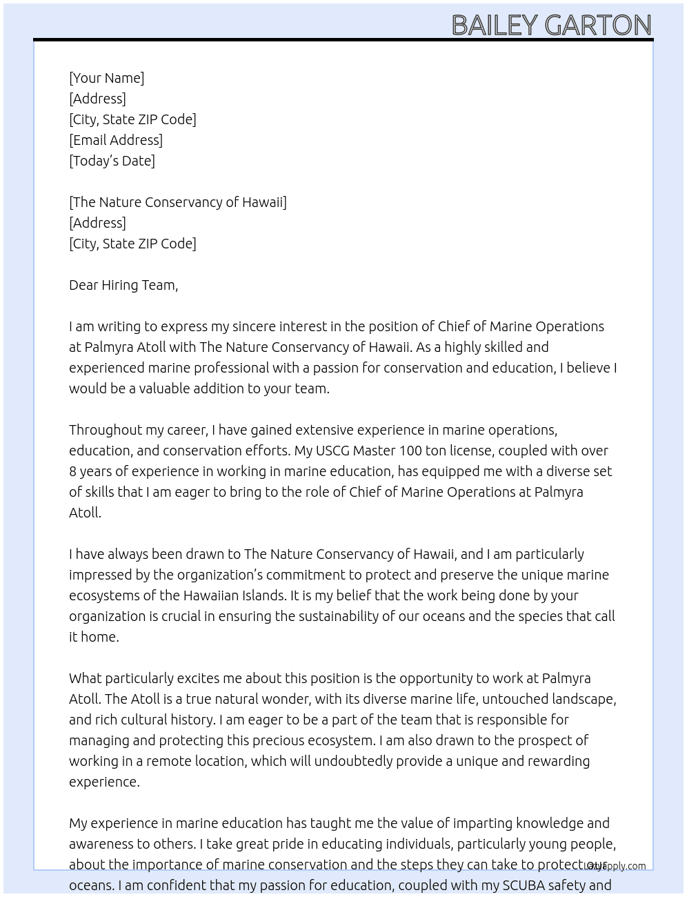 Chief of Marine Operations, Palmyra Atoll At The Nature Conservancy of Hawaii Cover Letter