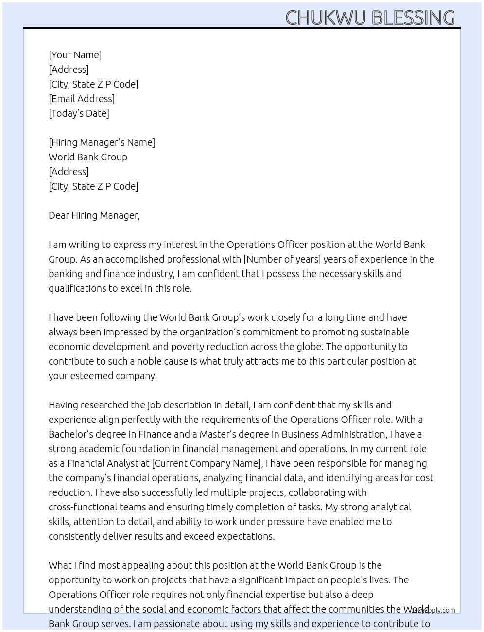Operations officer At World Bank Group Cover Letter