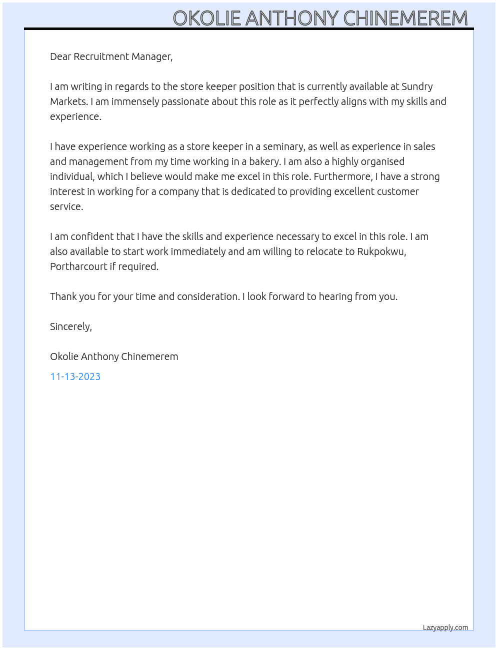 Store keeper  At Market Square  Cover Letter