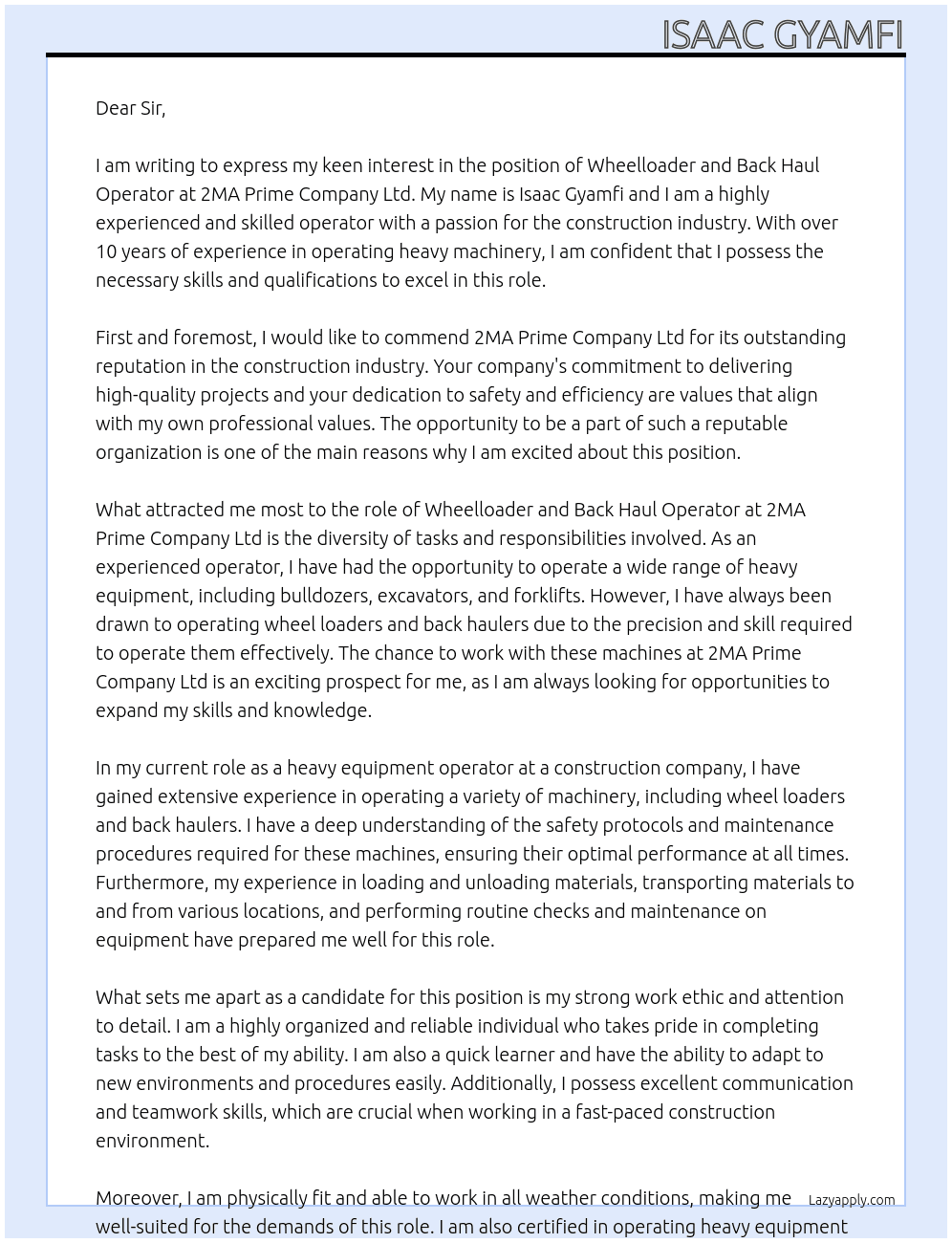 WHEELLOADER  AND BACK HUAL OPERATOR  At 2MA PRIME COMPANY LTD Cover Letter