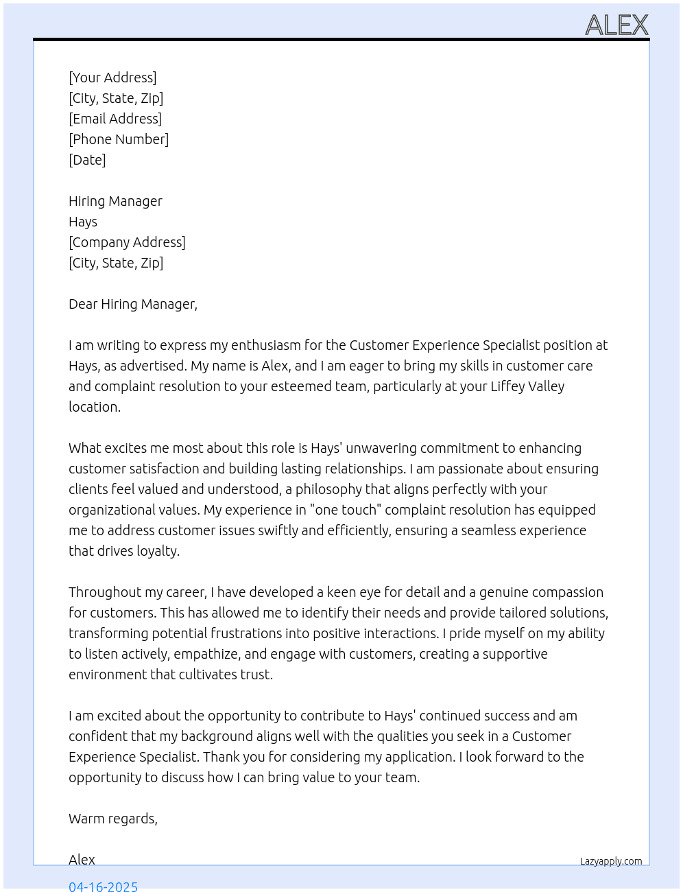 Customer experience specialist At Hays Cover Letter