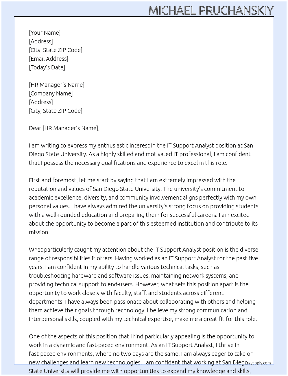 IT Support Analyst At San Diego State University Cover Letter