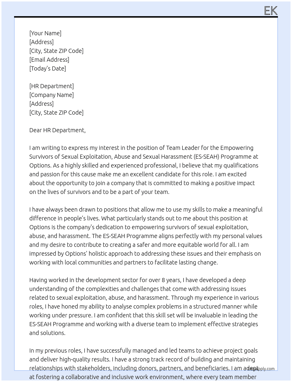 Team Leader-Empowering Survivors of Sexual Exploitation, Abuse and Sexual Harassment (ES-SEAH) Programme At Options  Cover Letter