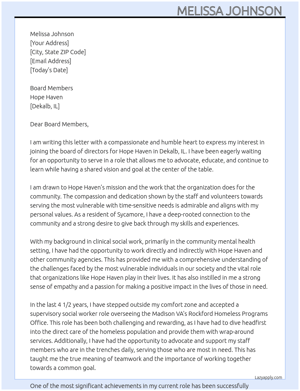 Hope Haven Board Member  At Hope Haven  Cover Letter