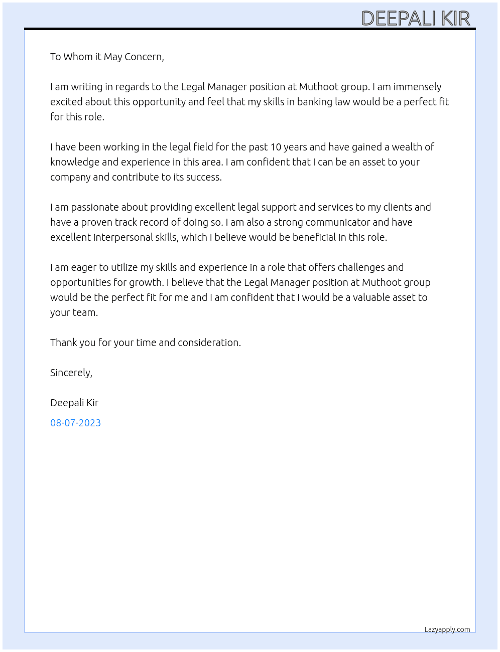 Legal Manager  At Muthoot group Cover Letter
