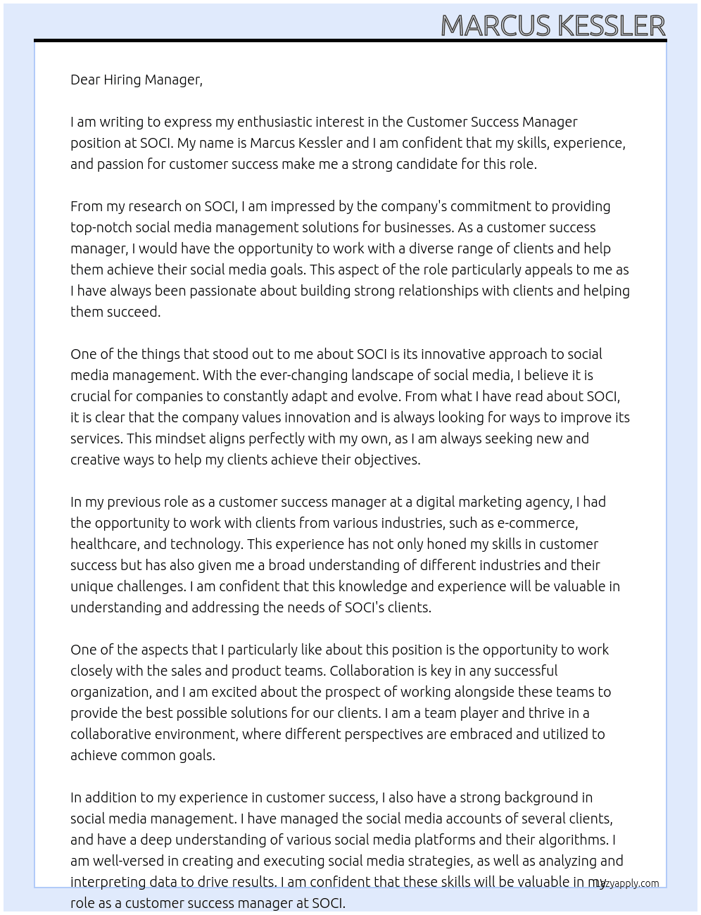 Customer Success Manager At SOCI Cover Letter