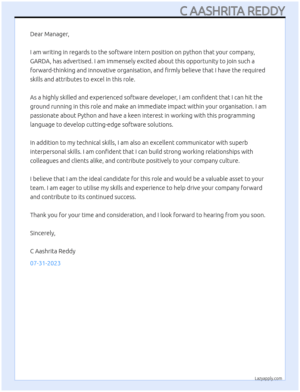 software intern on python At GARDA Cover Letter