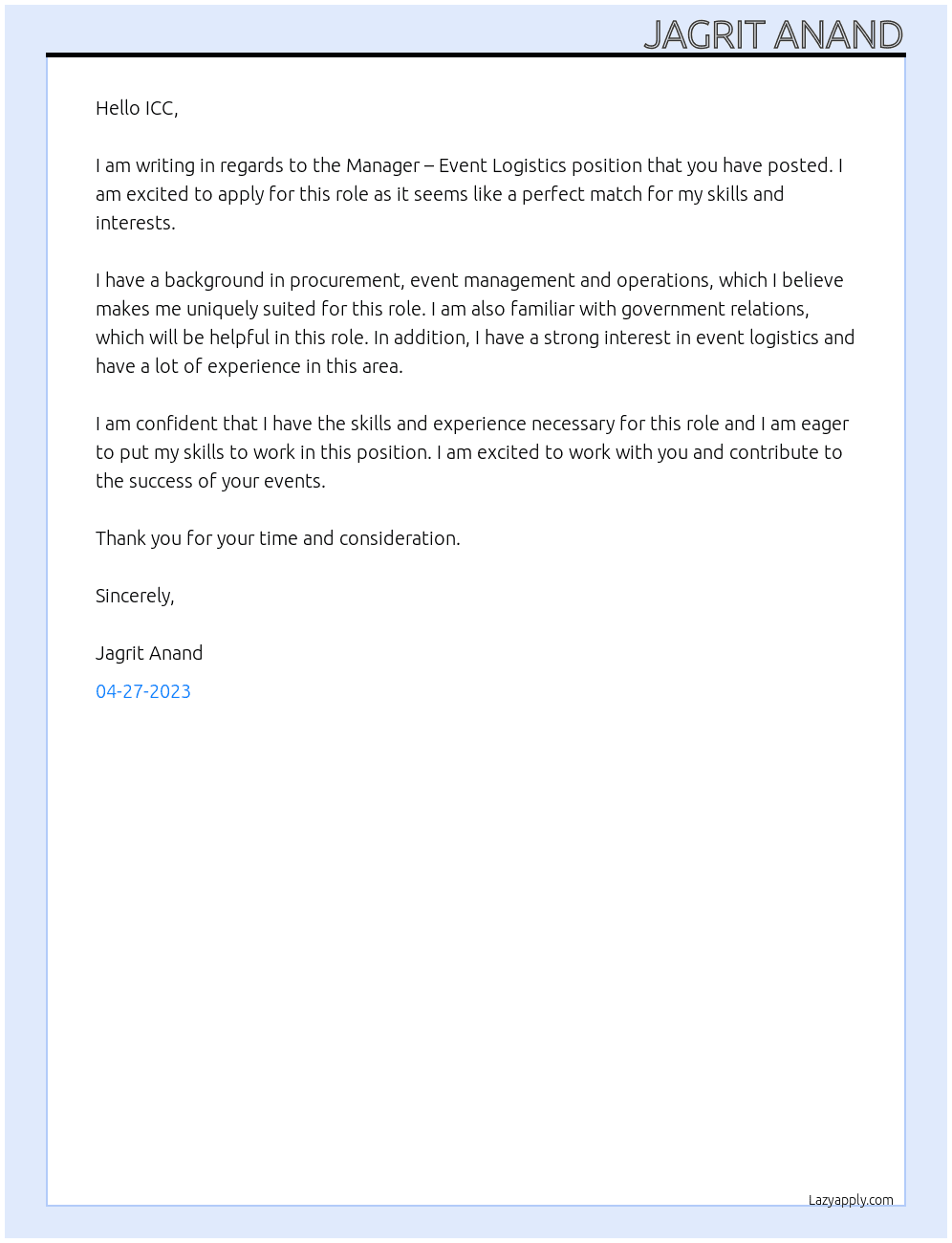 Manager – Event Logistics At ICC Cover Letter