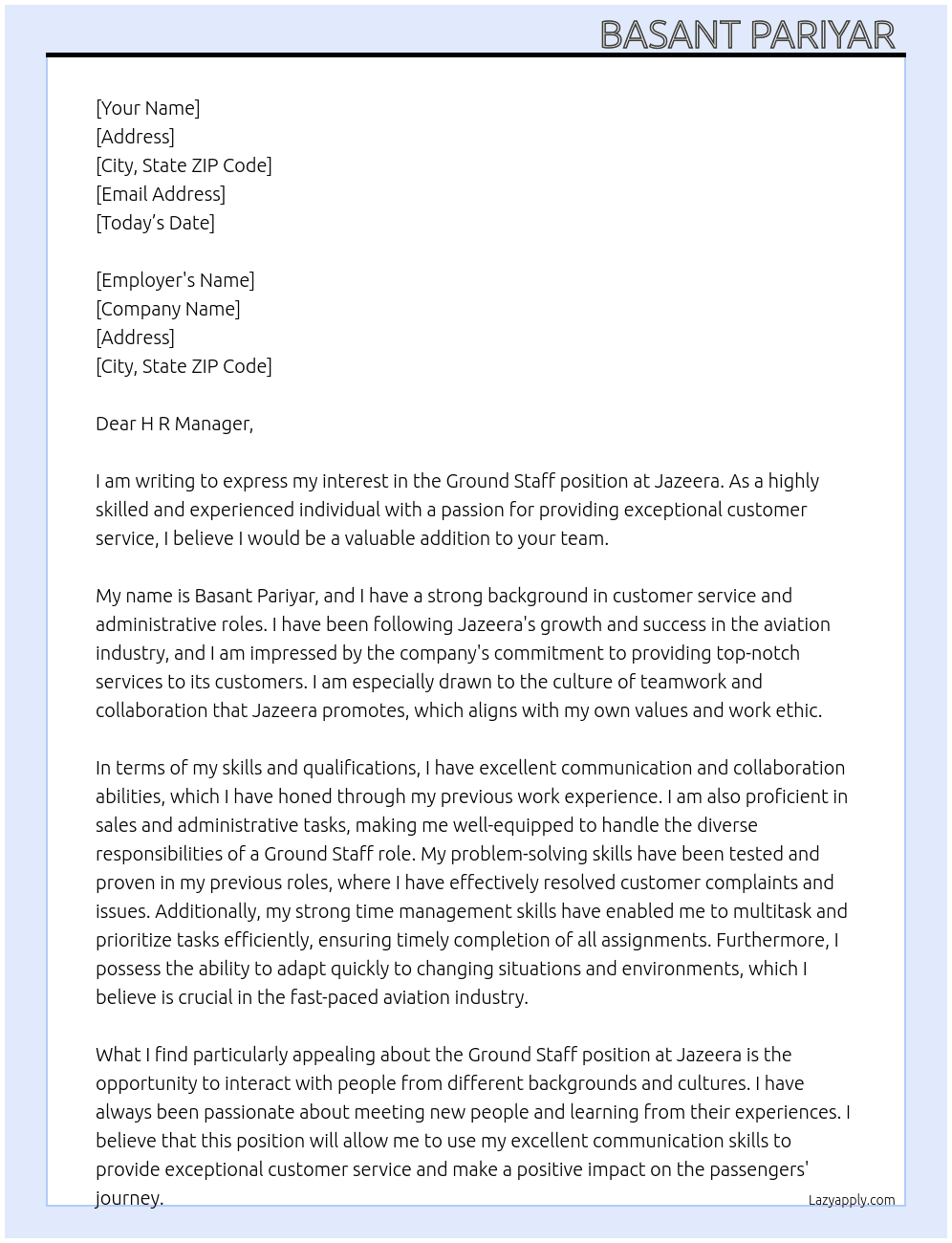 Ground staff  At Jazeera  Cover Letter