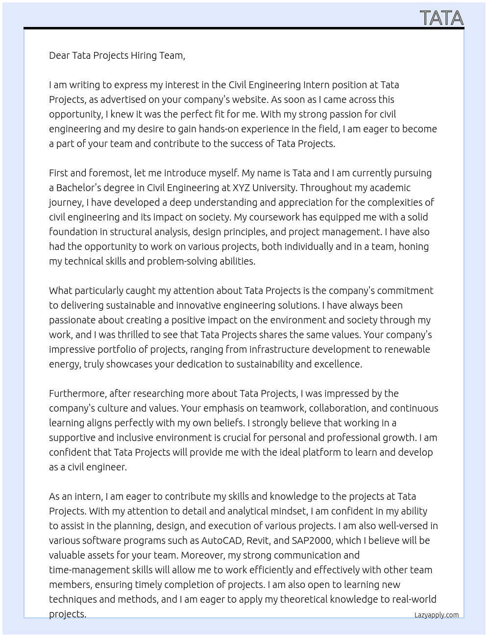 Civil engineering intern At Tata projects Cover Letter
